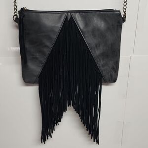 Ampere Creations Simple Black Suede Fringe Faux Vegan Leather Crossbody Bag